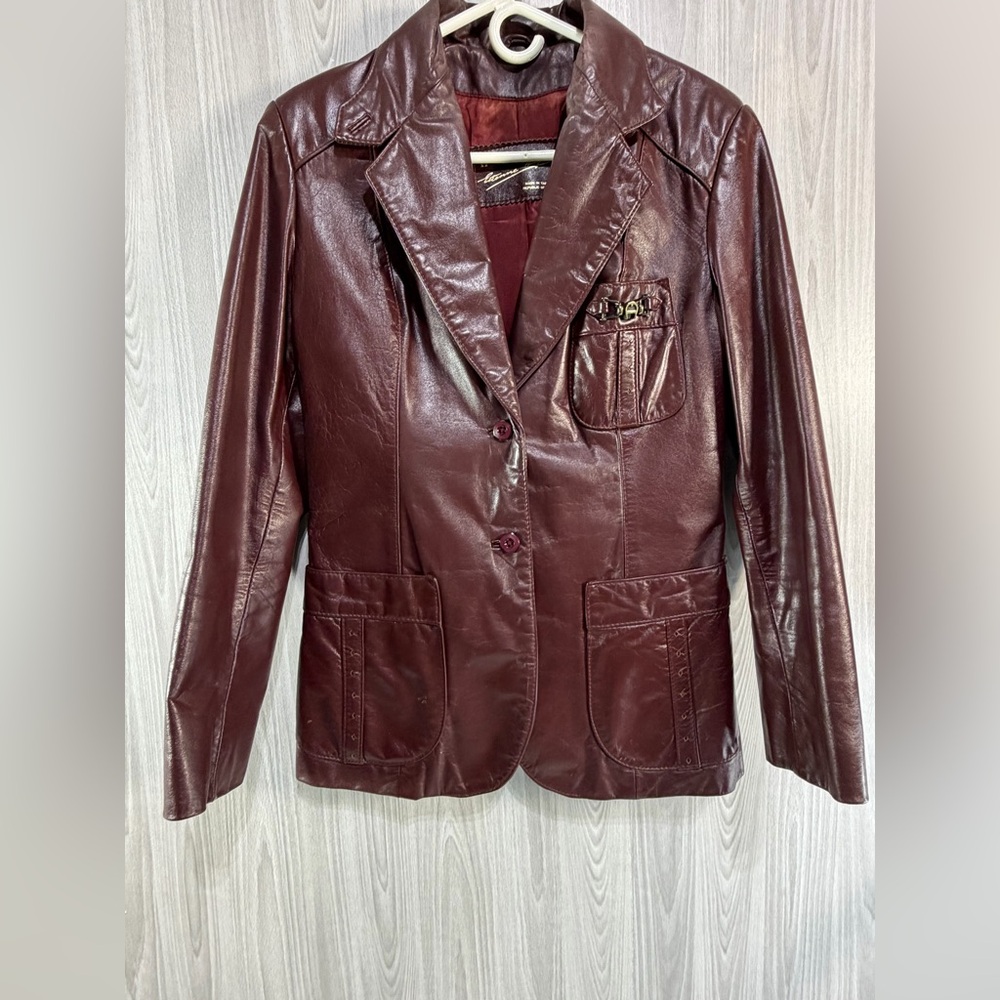 Etienne Aigner Vintage Leather Jacket Blazer Maroon Women’s Classic Old Money